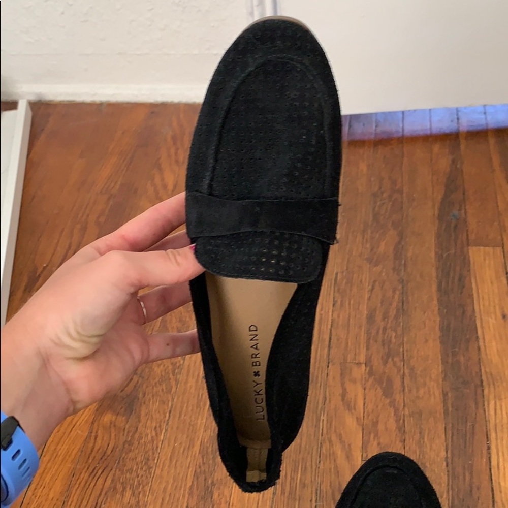 Black suede slip on shoes